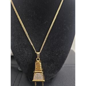 Gold Tone Plug PendantCharm w/ Rhinestones on 24in stainless SteelCubanLinkChain